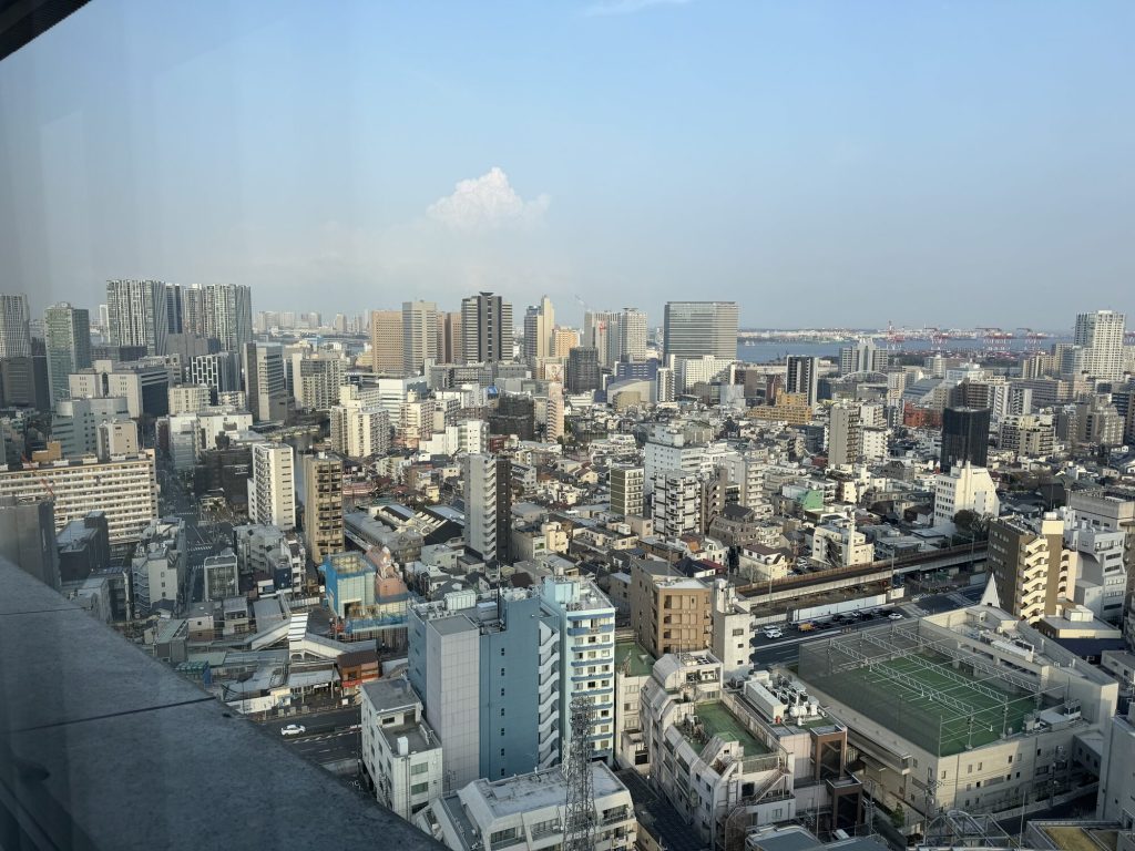 Widok z 22. piętra Tokyo Marriott na panoramę Tokio i Zatokę Tokijską
