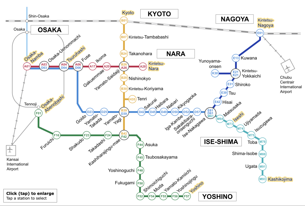 Mapa linii kolejowych Kintetsu Railway — trasa Osaka Abenobashi do Iga-Kanbe
