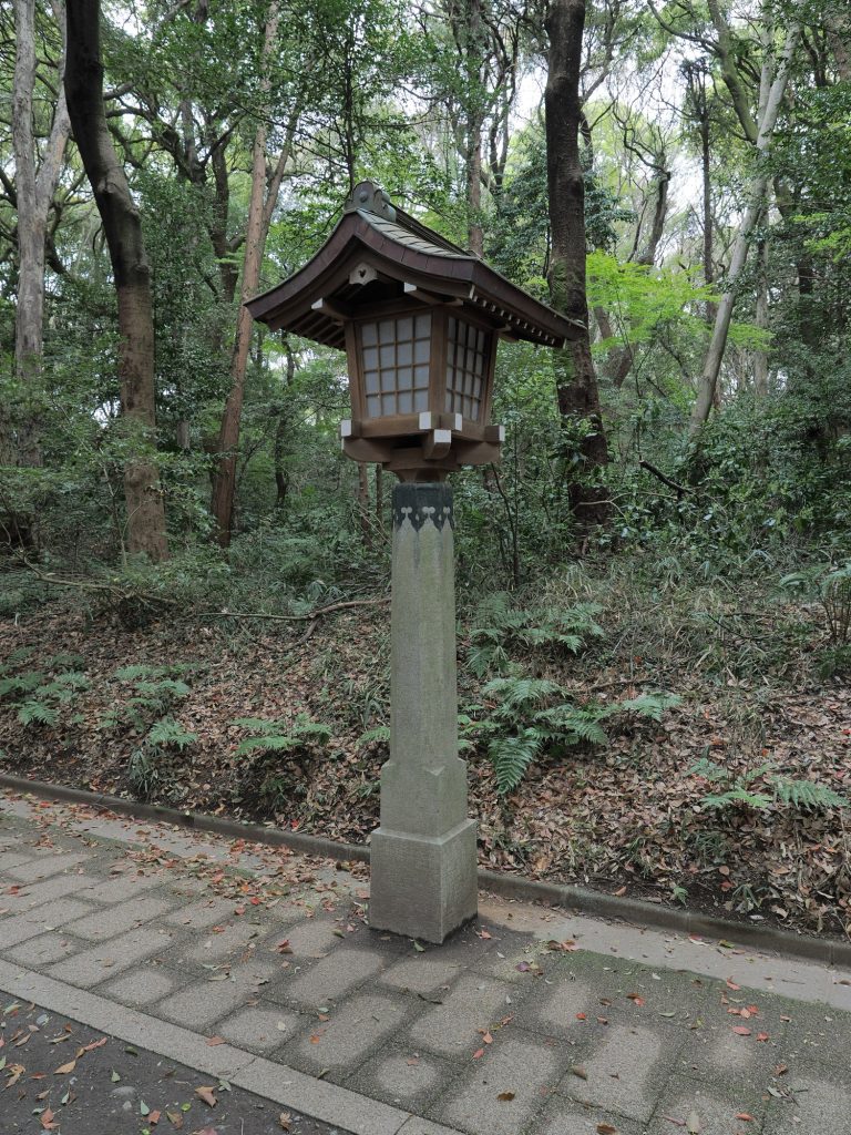 Kamienna latarnia shinto przy sciezce w Meiji Jingu, las w tle