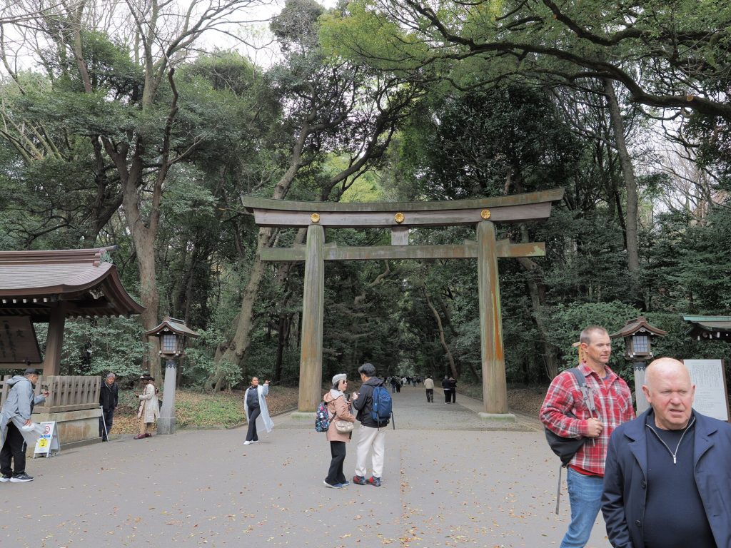Wielka torii z drzewa hinoki przy wejściu do Meiji Jingū, złote chrysantemy cesarskie, turyści na tle lasu