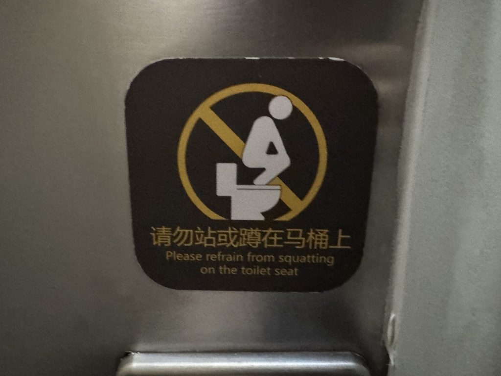 Znak w toalecie na lotnisku Pekin - zakaz kucania na desce