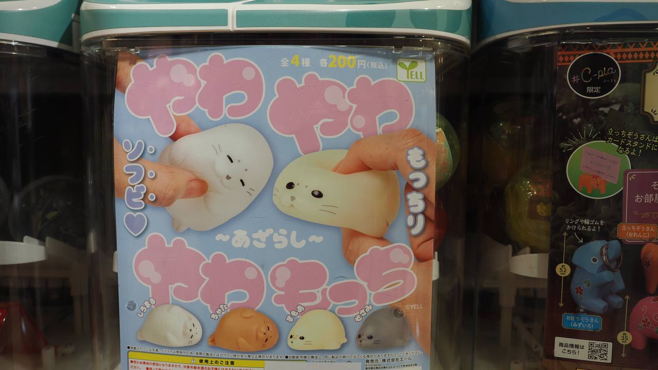 Automat gacha yawayawa mochimochi azarashi - miękkie gumowe foki i foczki za 200 JPY