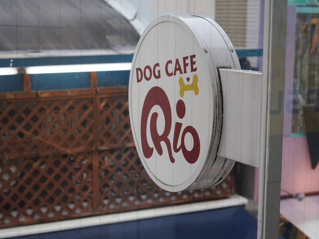 Szyld Dog Cafe Rio na Takeshita-dori w Harajuku - okrągły biały szyld z kością i logo, deszcz w tle