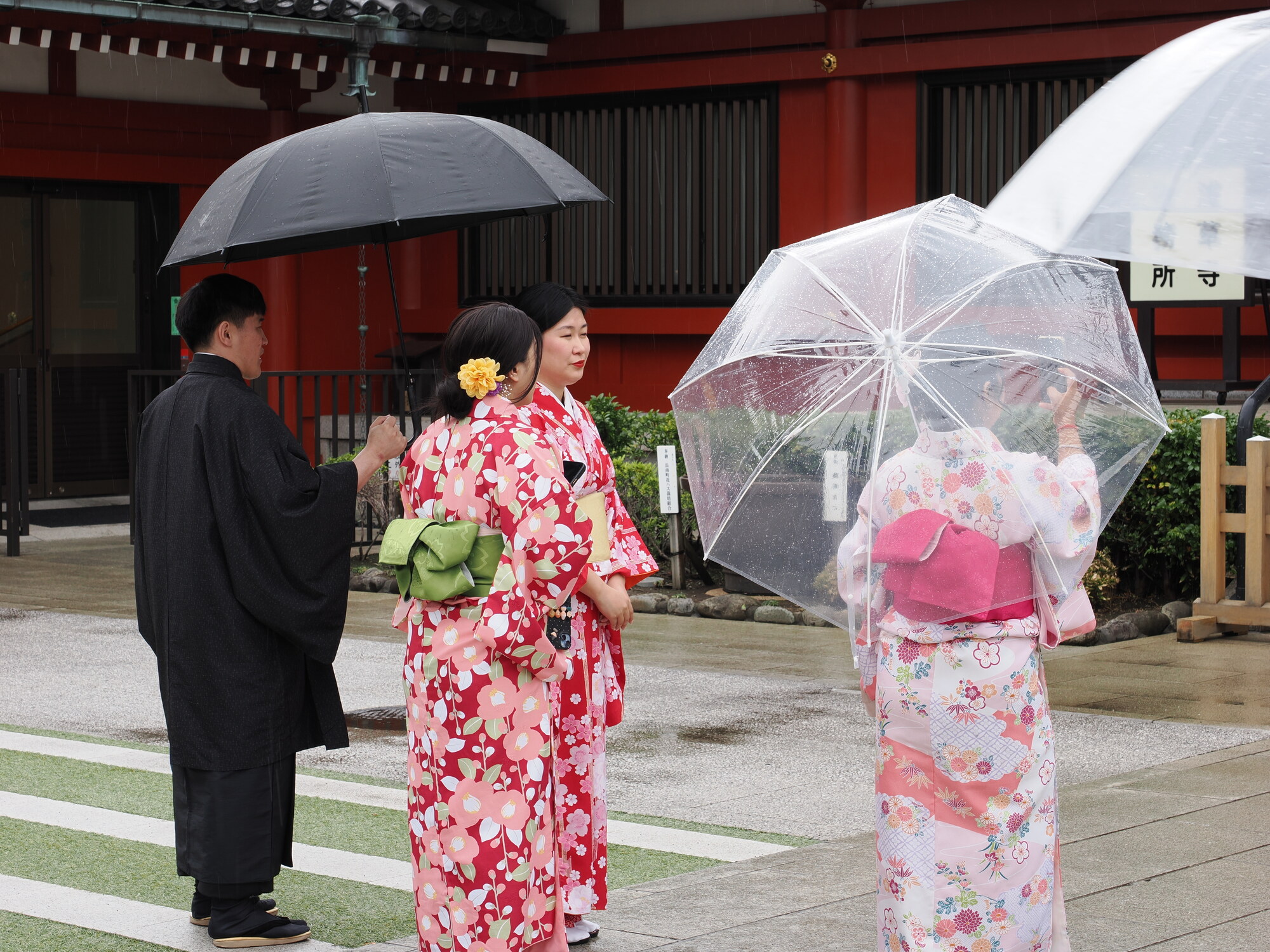 Trzy kobiety w różowych kimono z parasolkami i mężczyzna w czarnym stroju na dziedzińcu Senso-ji