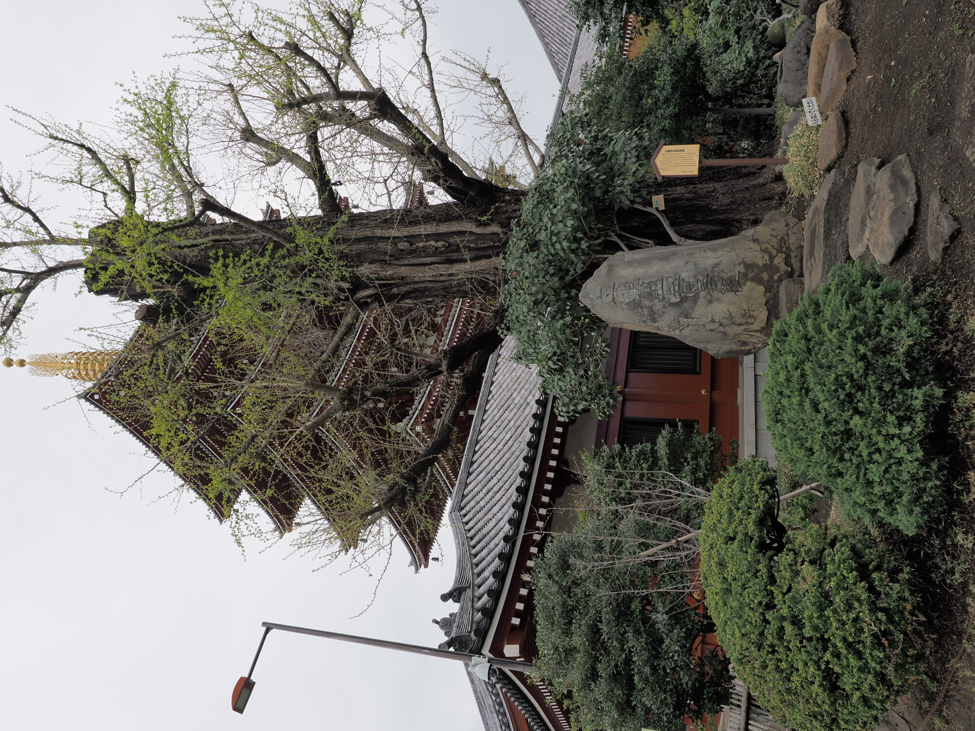 Dziedziniec głównej hali Senso-ji z brązową latarnią ofiarną i tablicą godzin nabożeństw