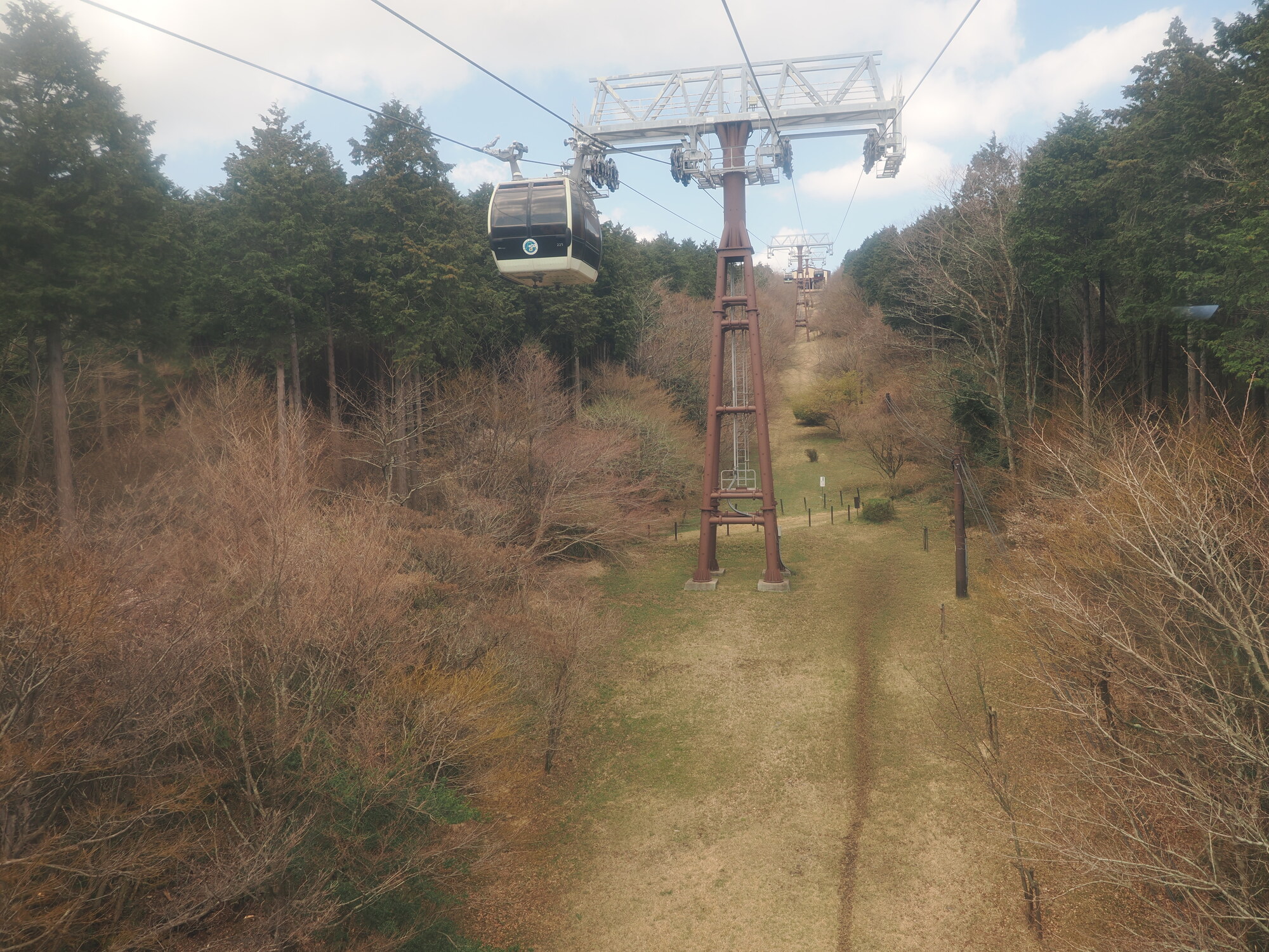 Widok z gondoli kolejki linowej Hakone Ropeway — kabina na tle lasu i wzgórz kalderowych