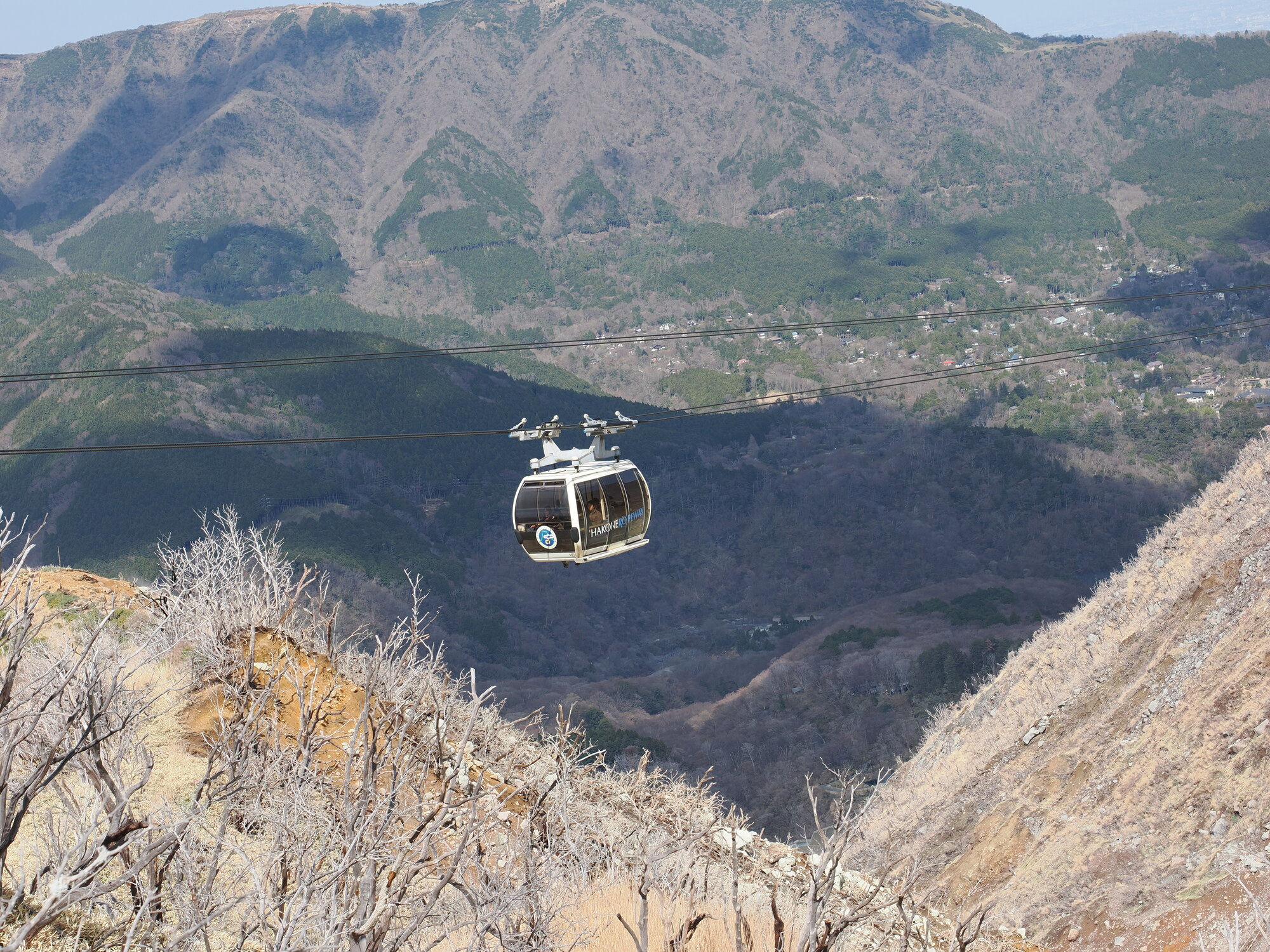 Gondola Hakone Ropeway nad wulkanicznym zboczem Owakudani, martwe drzewa zabite przez siarkę