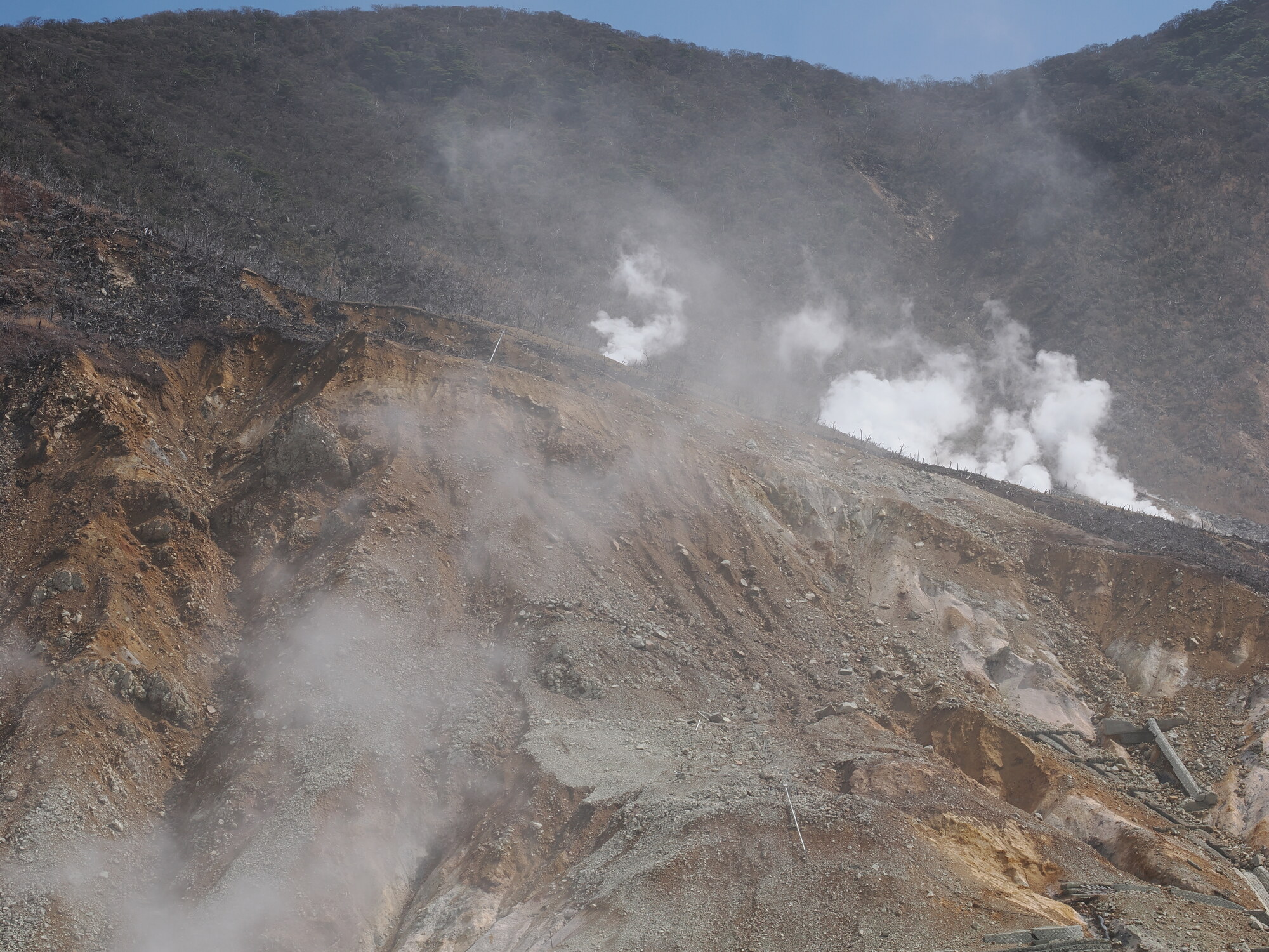 Aktywne fumarole w Owakudani — biały dym siarkowy unoszący się ze zboczy kalderowych
