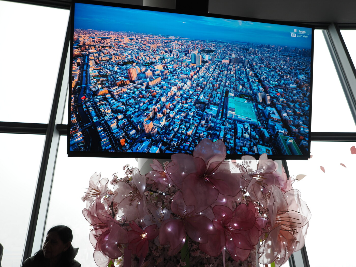 Ekran 360° South View na Tembo Deck — panorama południowego Tokio w niebieskiej tonacji, dekoracja różowych kwiatów sakury przed monitorem