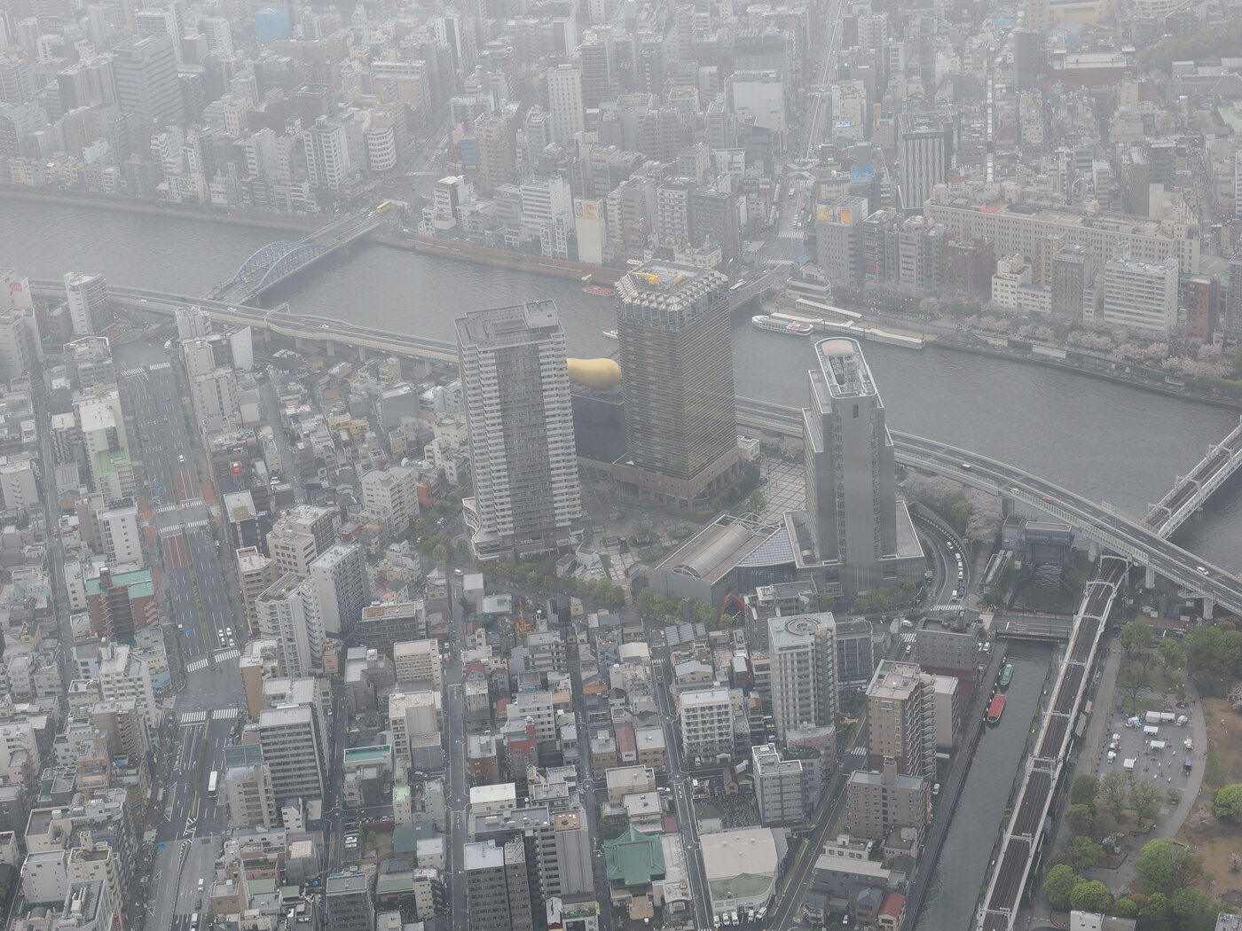Rzeka Sumida z lotu ptaka — Skytree view, zakole rzeki, wioślarskie łódki, boisko przy brzegu, w tle zielona kopuła Asahi Beer Hall