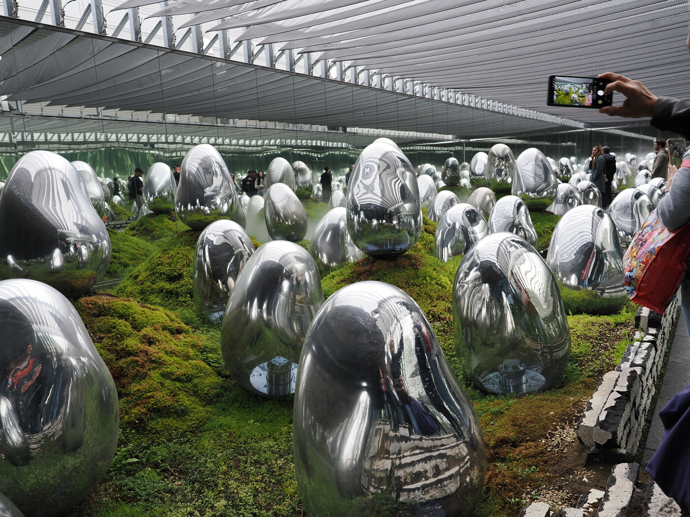Instalacja srebrnych jaj na mchu — dziesiątki lustrzanych jajowatych rzeźb wyrastających z wzgórz zielonego mchu, mgła, lustrzane ściany, zwiedzający w tle