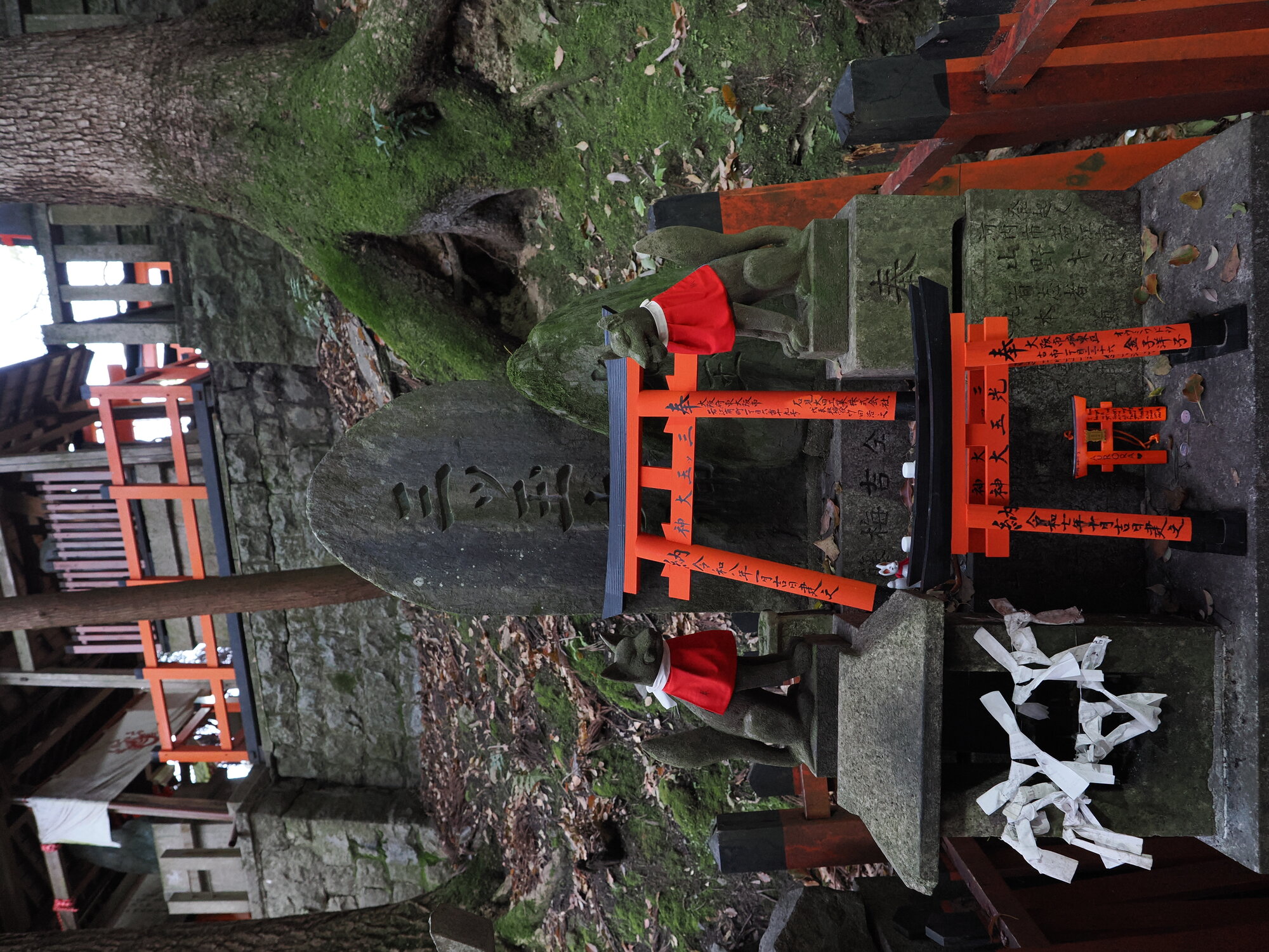 Kapliczka Mitsu-tama z kamienniymi lisami i miniaturowymi torii