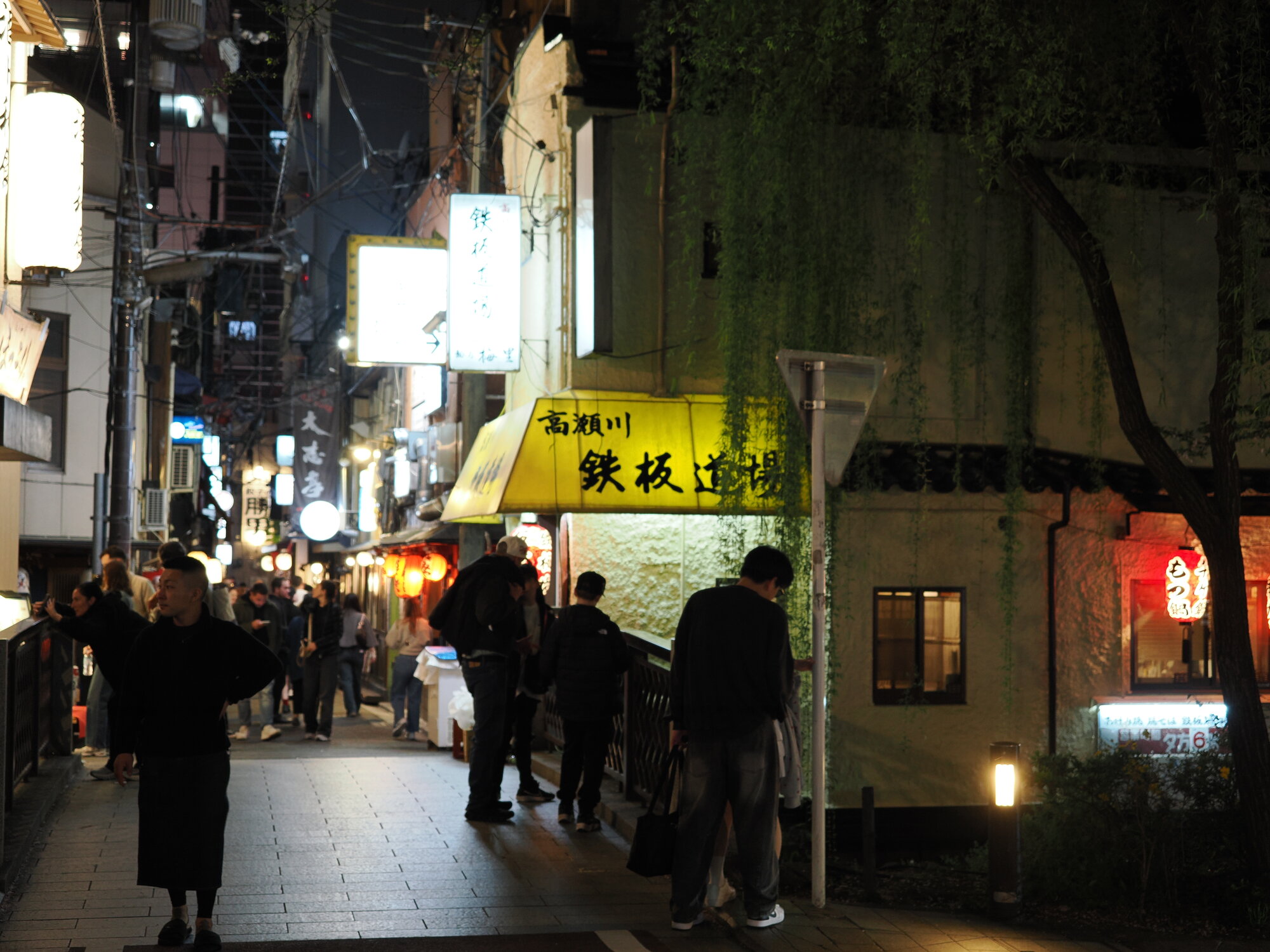 Dzielnica Kiyamachi wzdłuż kanału nocą z wierzbą płaczącą