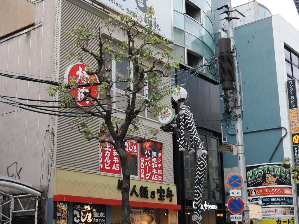 Ulica Amerika-mury z restauracją yakiniku, żyrafą na słupie i sklepem Nasty Dog