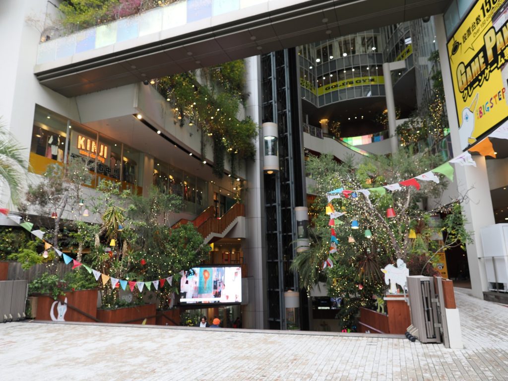 Wnętrze Big Step — centrum handlowe z zielonymi roślinami, sklepem KINJI i salą gier crane