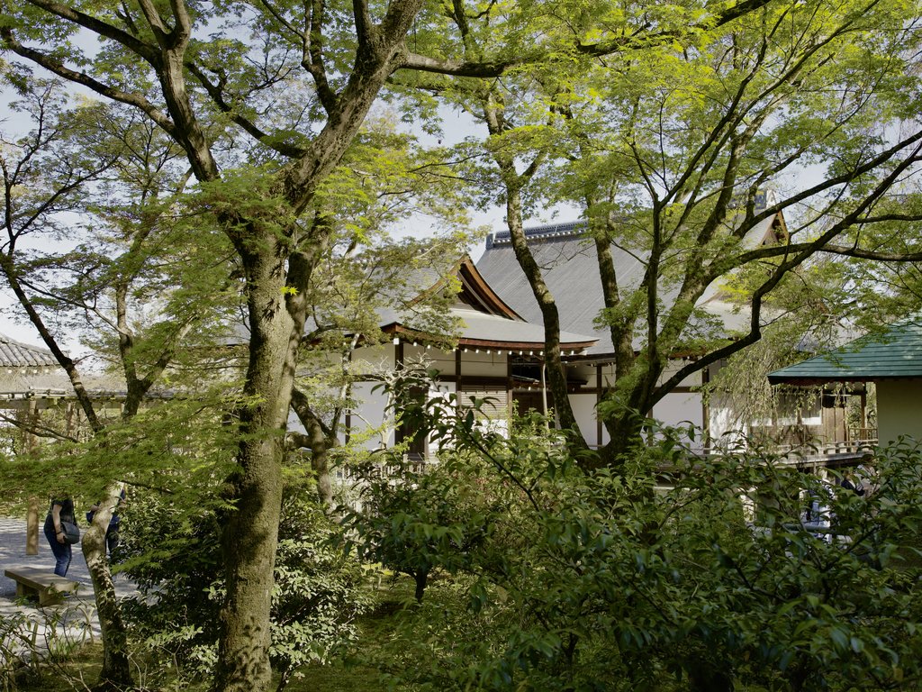 Tradycyjne budynki świątynne przez wiosenną zieleń