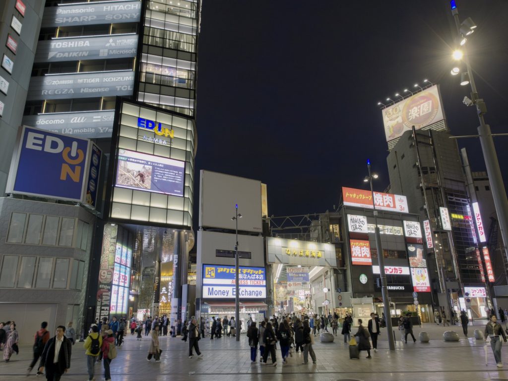 Nocna panorama Namba z budynkiem EDION i neonami